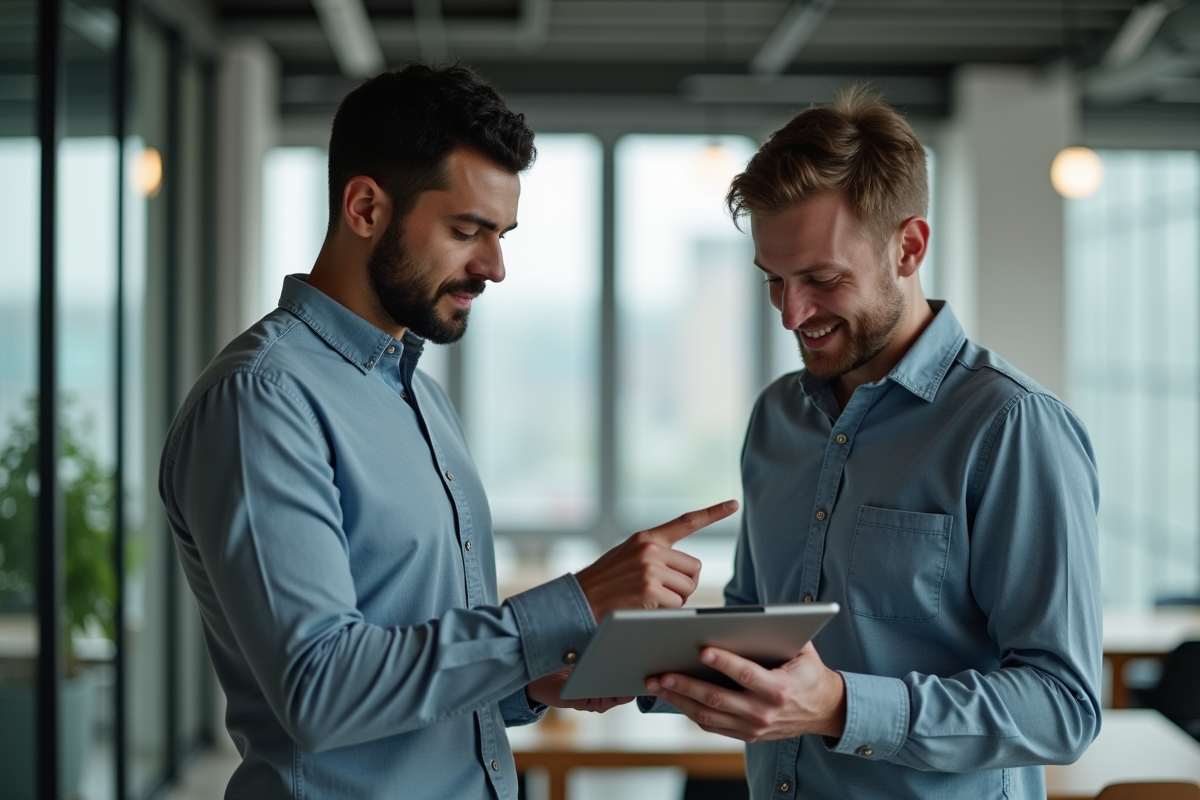 Deux hommes discutant de performance web dans un espace de coworking