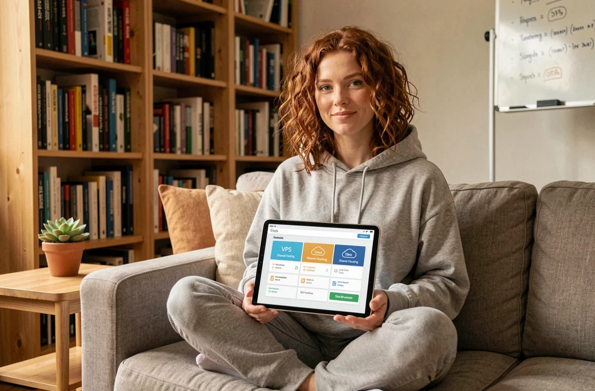 Développeuse web comparant les offres d'hébergement VPS et cloud sur une tablette depuis son bureau à domicile