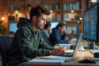 Jeune developpeur concentré sur son ordinateur dans un bureau moderne