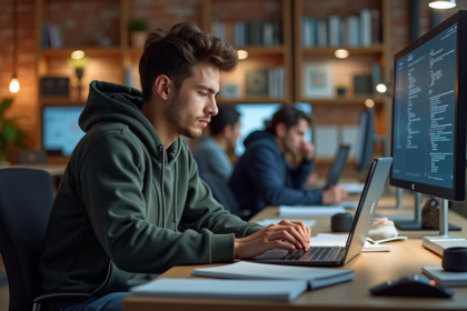 Jeune developpeur concentré sur son ordinateur dans un bureau moderne