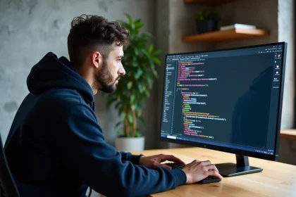 Développeur utilisant des commandes popd et pushd dans un terminal Linux sur un écran ultrawide en bureau home office