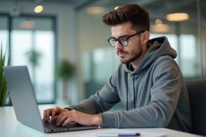 Jeune homme développeur en hoodie gris au bureau lumineux