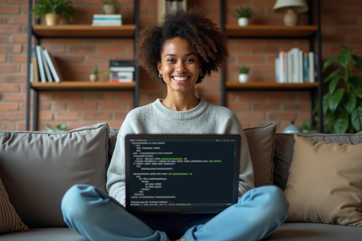 Développeuse consultant des exemples commentés de la commande popd avec des alias bash sur un laptop dans un appartement