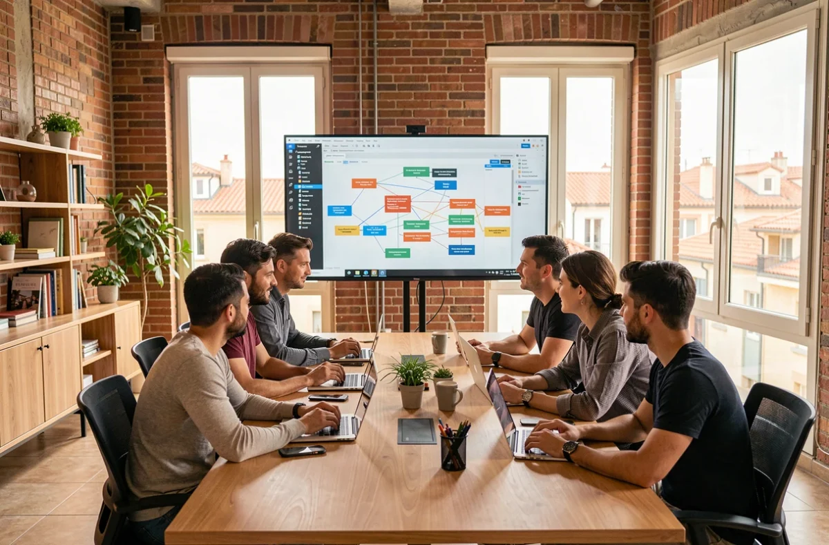 Équipe d'ingénieurs logiciels de l'agence Ealumine réunis autour d'un tableau de sprint dans leurs bureaux à Toulouse