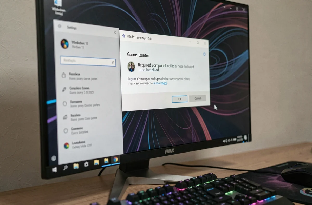 Écran d'ordinateur affichant une erreur de composant manquant lors du lancement d'un jeu sous Windows 11