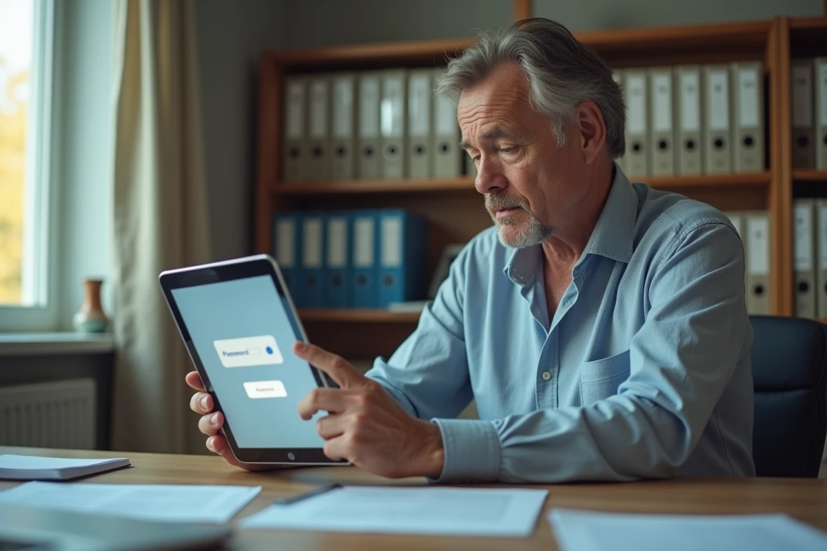 Employe universitaire regardant un formulaire de reinitialisation sur une tablette