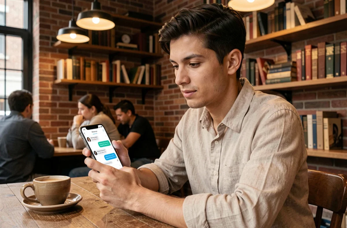 Entrepreneur indépendant consultant un sondage Messenger sur smartphone dans un café urbain