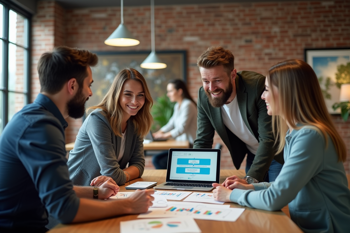 Groupe de marketing discutant autour de table avec tablettes et graphiques