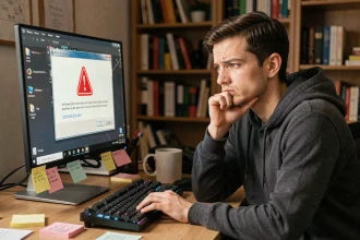 Homme frustré face à un message d'erreur Windows sur son PC de bureau lors d'une installation bloquée