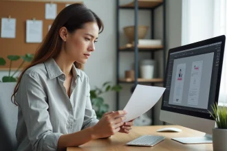 Femme comparant un document A4 imprimé et les paramètres de pixels sur un écran d'ordinateur dans un bureau moderne