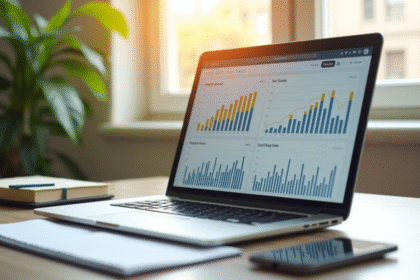 Espace de travail moderne avec ordinateur affichant des analyses SEO