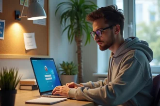 Etudiant en chambre universitaire concentré sur son ordinateur portable