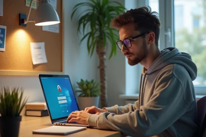 Etudiant en chambre universitaire concentré sur son ordinateur portable