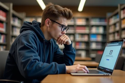Étudiant frustré devant un écran d'erreur de connexion au webmail Zimbra de l'université sur le campus