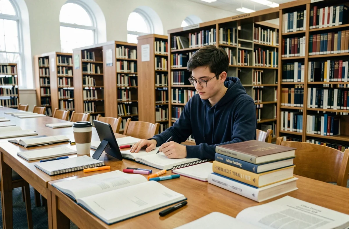 Étudiant utilisant une liseuse Kindle numérique à une table de bibliothèque universitaire avec des notes de cours