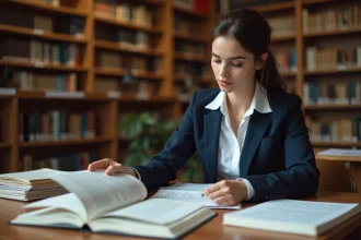 Étudiante en droit lisant des documents sur la responsabilité juridique de l'IA dans une bibliothèque universitaire