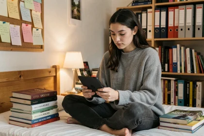 Étudiante lisant sur une liseuse Kindle dans sa chambre universitaire entourée de livres papier