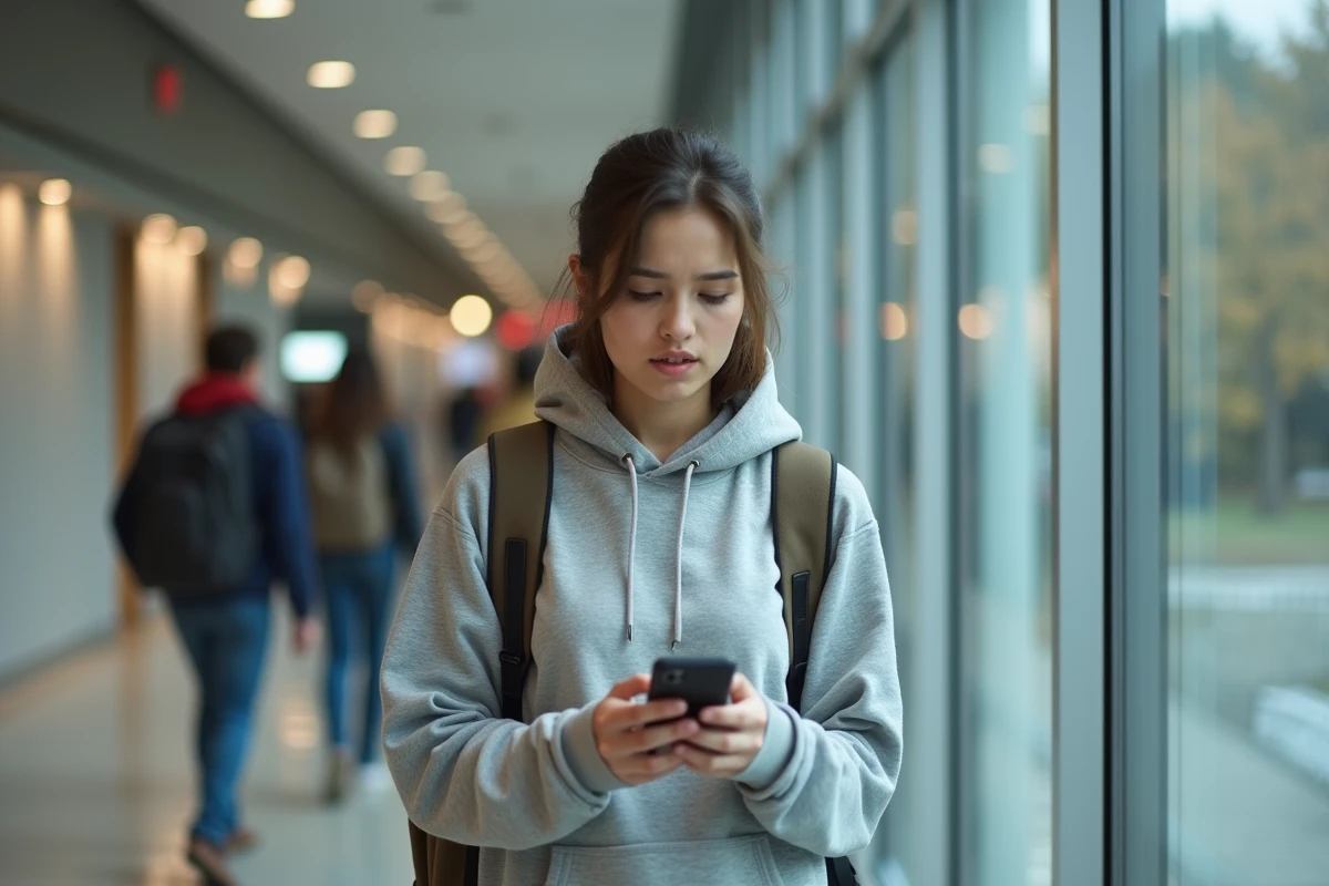 Étudiante consultant son téléphone avec une alerte réseau wifi sur le campus universitaire