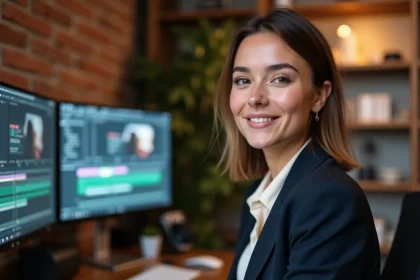 Experte en multimédia travaillant sur un montage vidéo professionnel pour optimiser une présence sur les plateformes en ligne