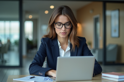 Femme d'affaires analysant des données CRM dans un bureau moderne