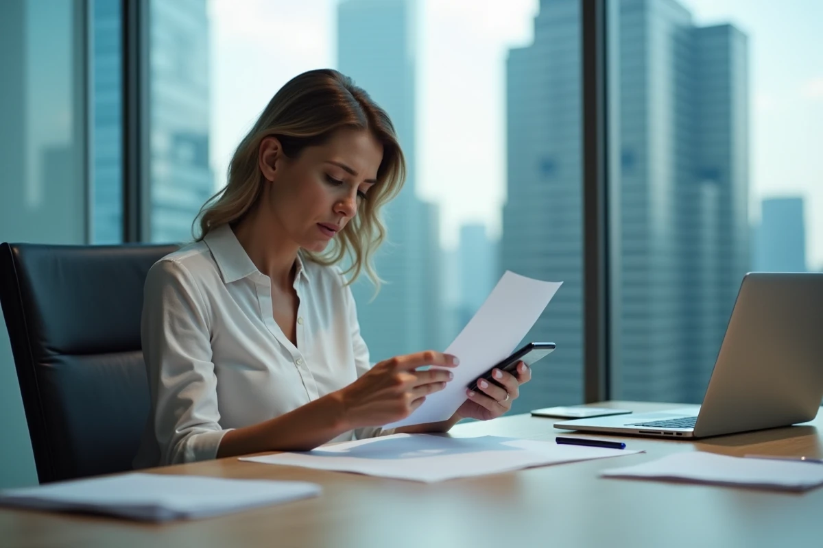 Femme d affaires examinant des documents dans un bureau vitré