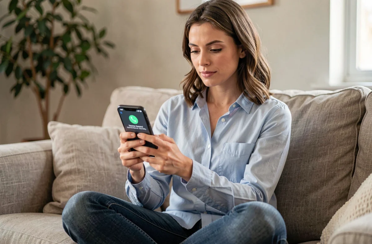 Femme lisant une alerte de sécurité iOS 18.4.1 sur son canapé à domicile
