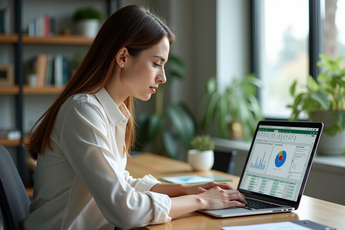 Jeune femme professionnelle analysant un tableau Excel avec graphiques