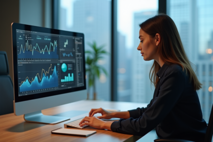 Femme professionnelle analysant des graphiques sur son ordinateur