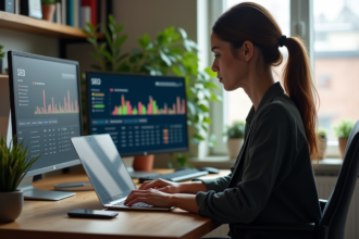 Jeune femme concentrée analysant des données SEO sur son ordinateur