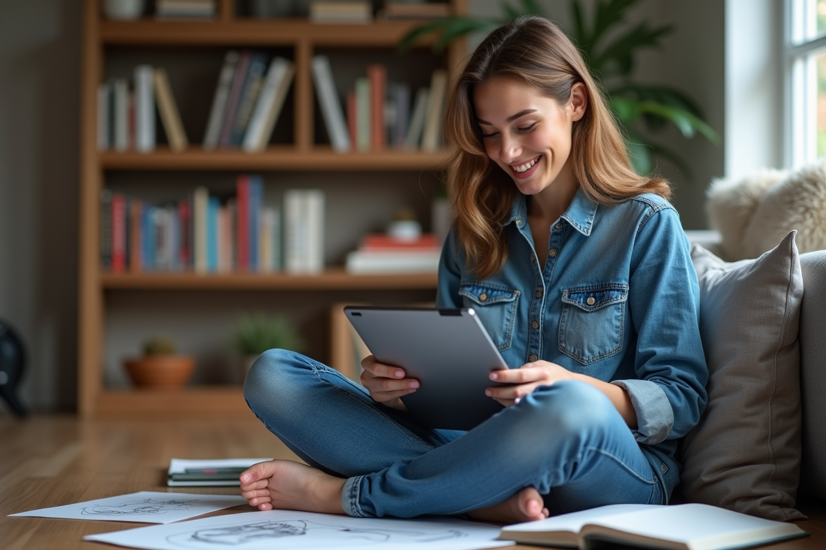 Femme souriante avec tablette dans espace de travail cosy