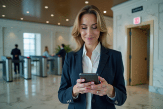 Femme d'affaires utilisant son smartphone pour authentification