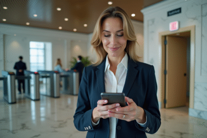 Femme d'affaires utilisant son smartphone pour authentification