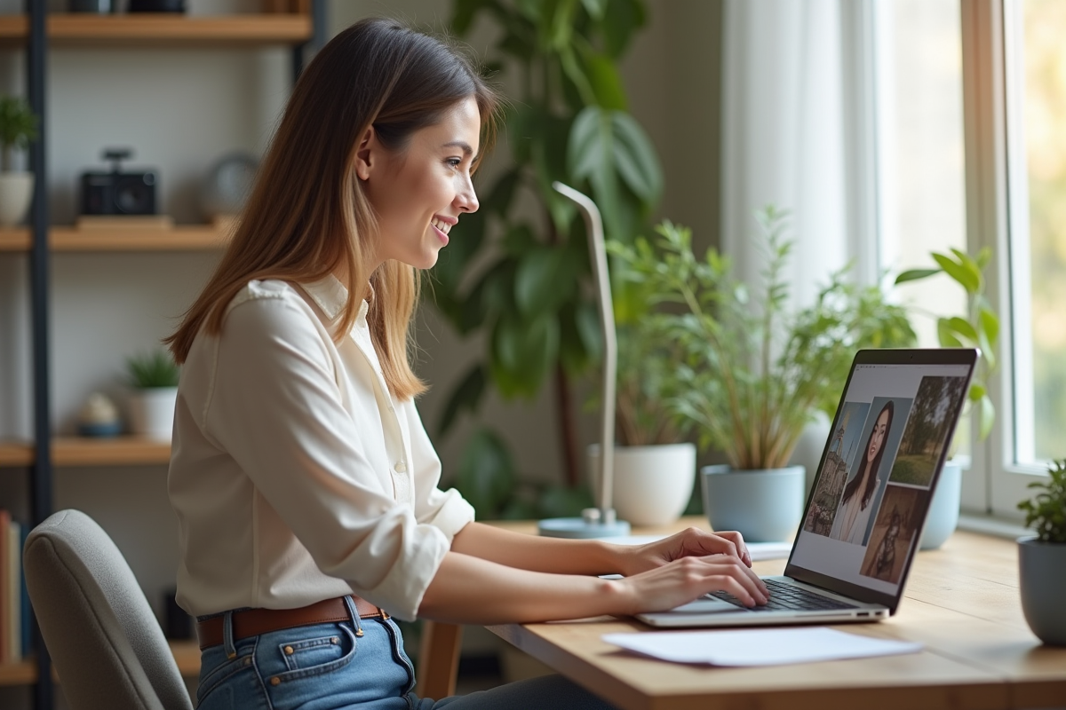 Femme travaillant sur un ordinateur dans un bureau lumineux