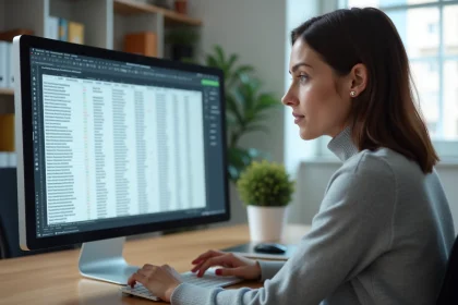 Femme au bureau analysant une liste d'adresses email en doublon dans un tableau Excel sur grand écran