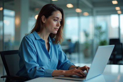 Femme professionnelle au bureau moderne travaillant sur un ordinateur