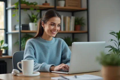 Jeune femme souriante au bureau à domicile avec ordinateur