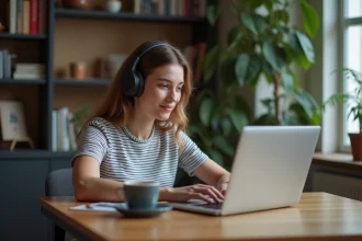 Jeune femme avec casque et ordinateur dans un intérieur cosy