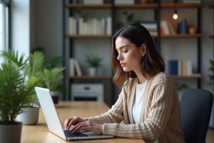 Femme concentrée travaillant sur un ordinateur dans un bureau moderne