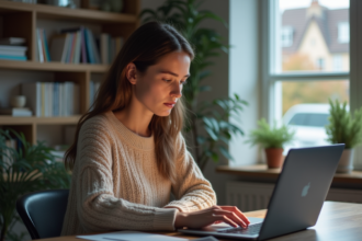 Jeune femme au bureau regardant son ordinateur portable