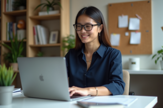 Jeune femme au bureau travaillant sur son ordinateur portable