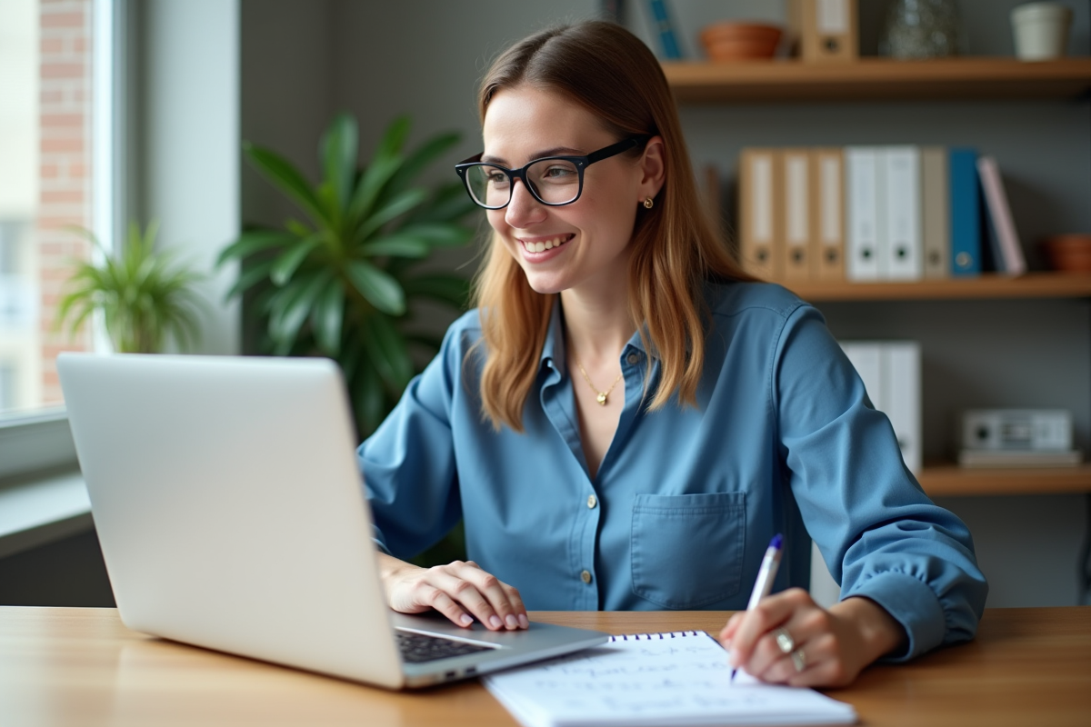 Femme concentrée travaillant sur son ordinateur dans un bureau lumineux