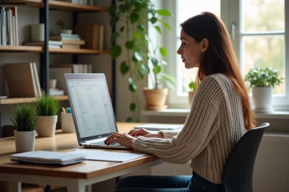 Femme organisée travaillant sur son ordinateur dans un bureau lumineux