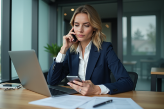 Femme en bureau moderne avec ordinateur et smartphone