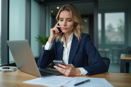 Femme en bureau moderne avec ordinateur et smartphone