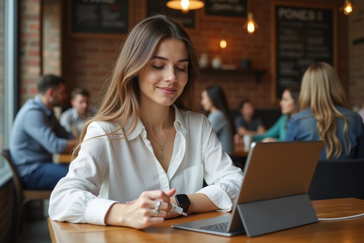 Jeune femme connectant un câble USB Type-C à sa tablette dans un café avec un adaptateur USB Type-A posé à côté