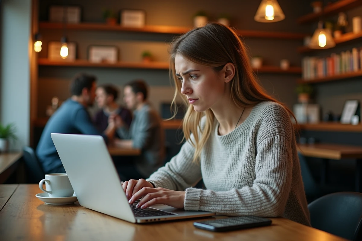 Femme au café travaillant sur son ordinateur portable