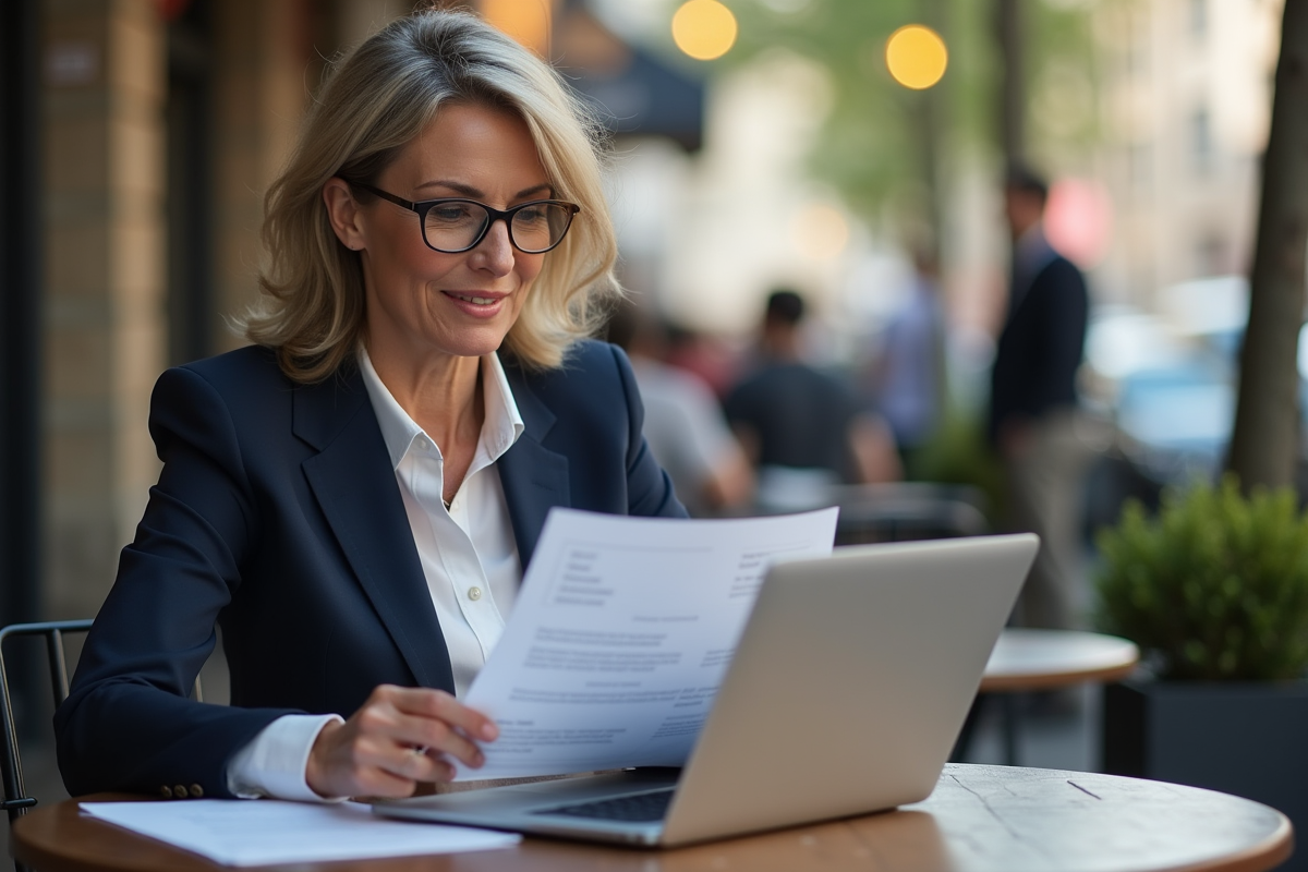 Femme daffaires examine un CV et un portfolio au café