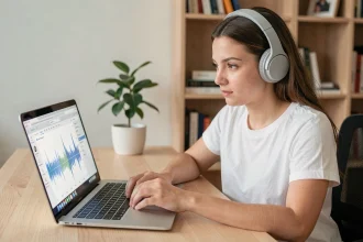 Jeune femme avec casque audio écoutant de la musique convertie en MP3 sur son ordinateur portable