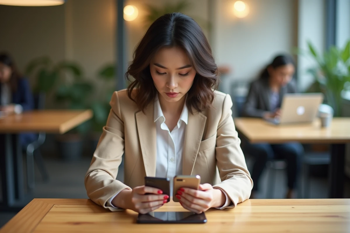 Femme comparant deux modèles de Samsung Galaxy posés sur un bureau dans un espace de coworking