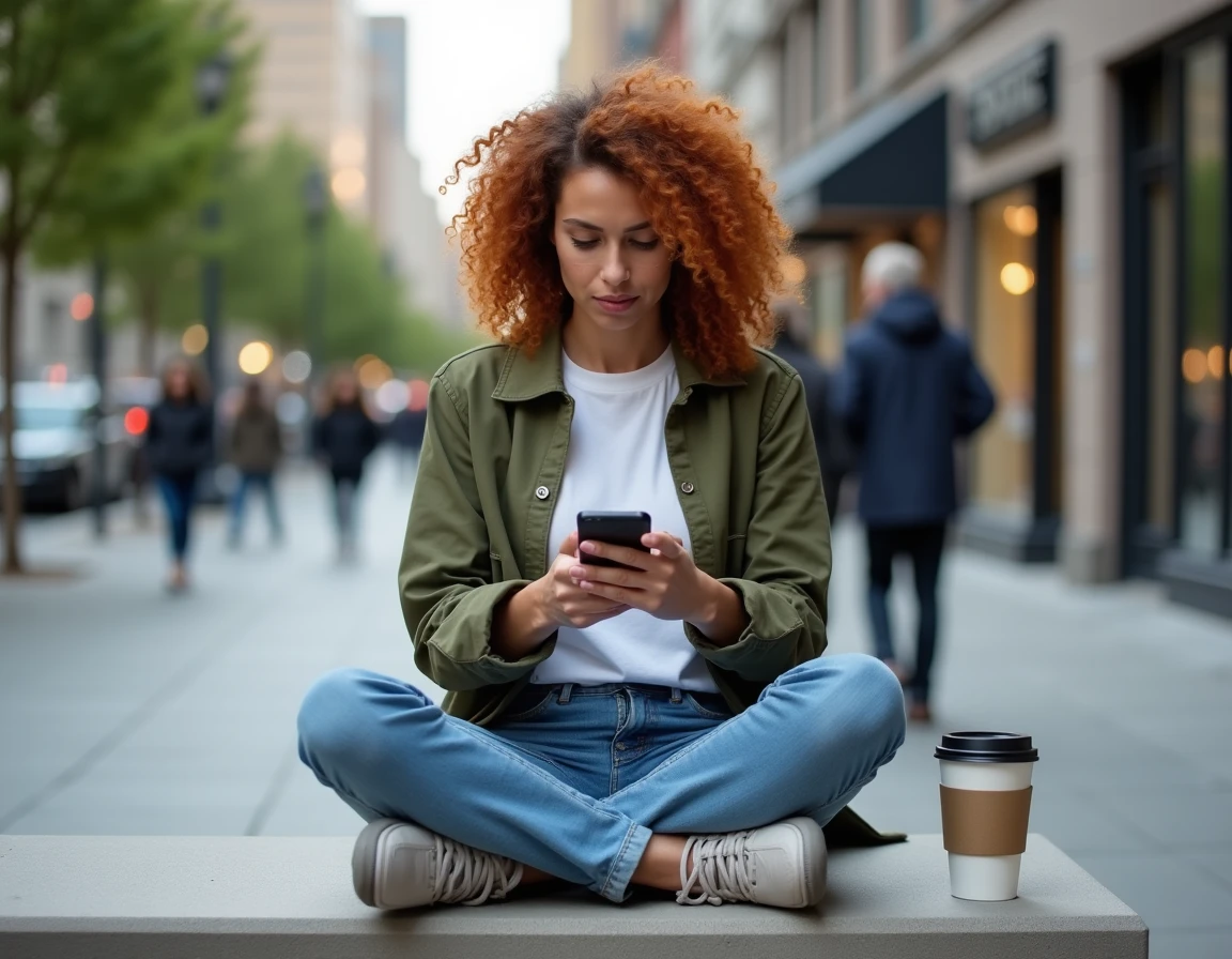Jeune femme consultant un comparatif de téléphones Android en milieu urbain en extérieur